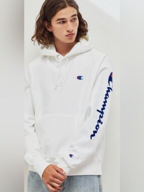 Champion Light Gray Hoodie 😍 Reverse Weave Flock Arm Script  Sweatshirt • Large